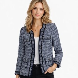 WHBM Long Tweed Chain Trim Knit Pattern Blazer Jacket Women's Navy Blue Sz 6